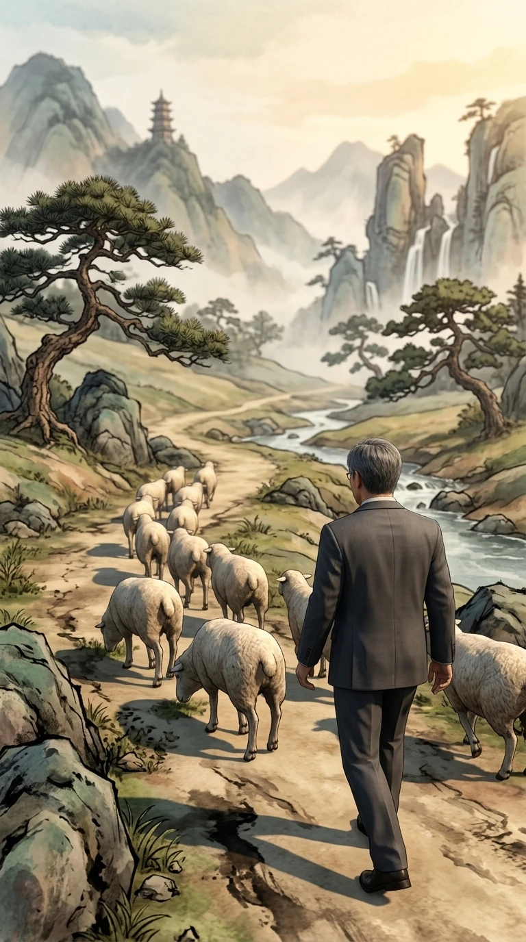 An illustrated mountain landscape, with a flock of sheep and a figure on a winding path.